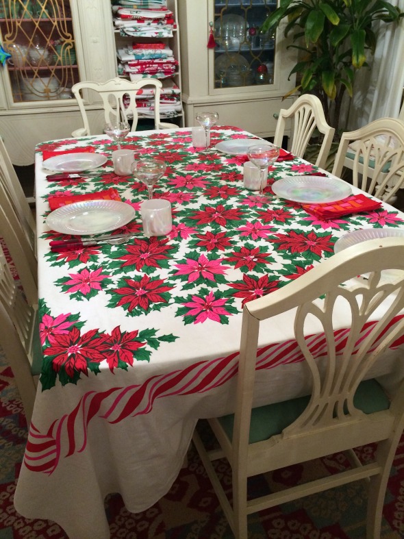 vintage tablecloth christmas brunch setting